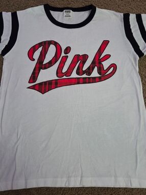PINK Victoria's Secret Checkered Plaid Spellout Oversized Tee